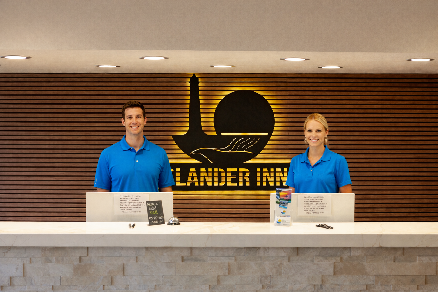 Friendly front desk staff ready to welcome guests at Islander Inn